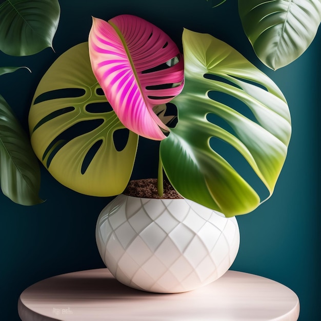 A plant with a pink leaf in a white pot with a green background.