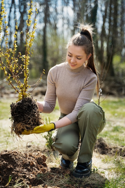 Foto gratuita piantare alberi come parte del processo di riforestazione