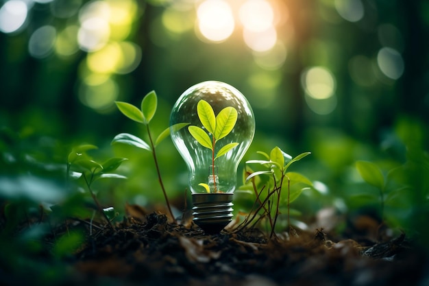 自然の背景で電球で育つ植物