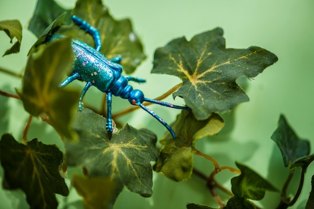 Foto gratuita insetto di plastica tra le foglie verdi