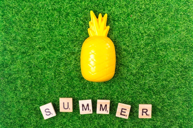 Free photo plastic toy pineapple and letters on grass