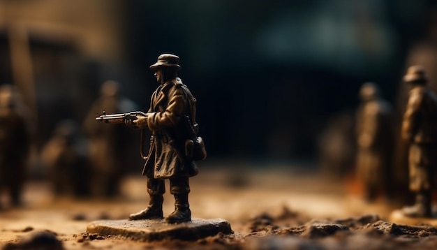 Free photo plastic toy soldier aims rifle on battlefield generated by ai