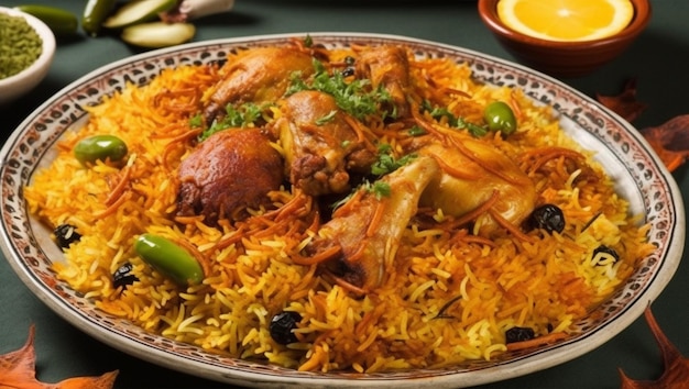 A plate of biryani with a bowl of rice and a bowl of food on the table.