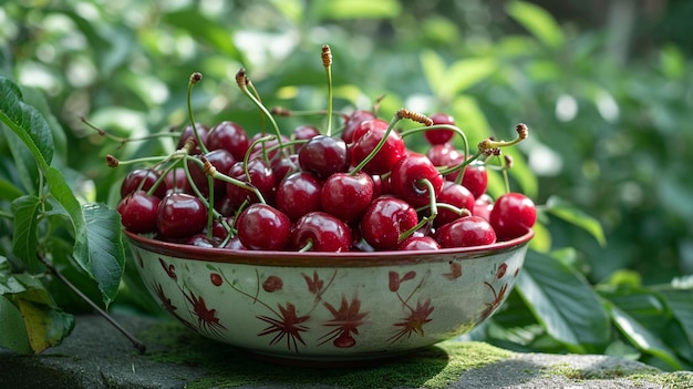 Free photo a plate of cherries in the garden