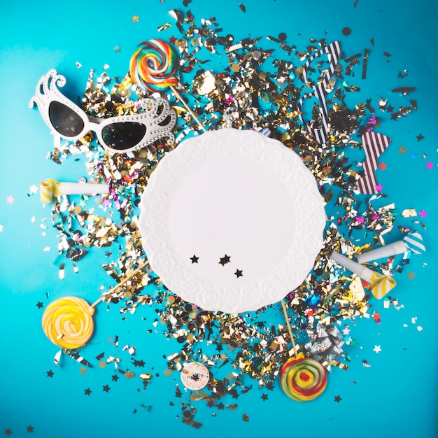 plate and colorful confetti
