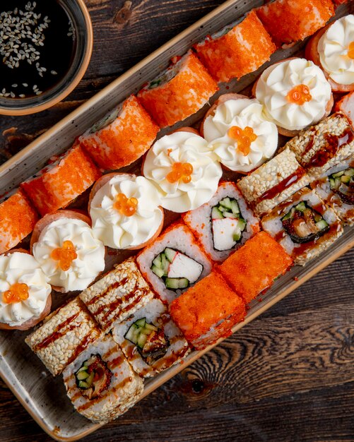 Plate of different sushi rolls