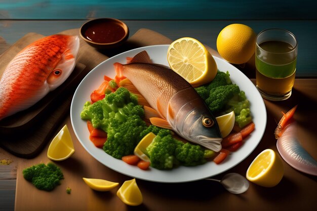 테이블 위에 맥주 한 잔과 함께 생선과 야채 한 접시.