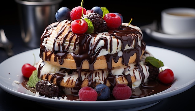 A plate of gourmet dessert fresh fruit chocolate and raspberry generated by artificial intellingence