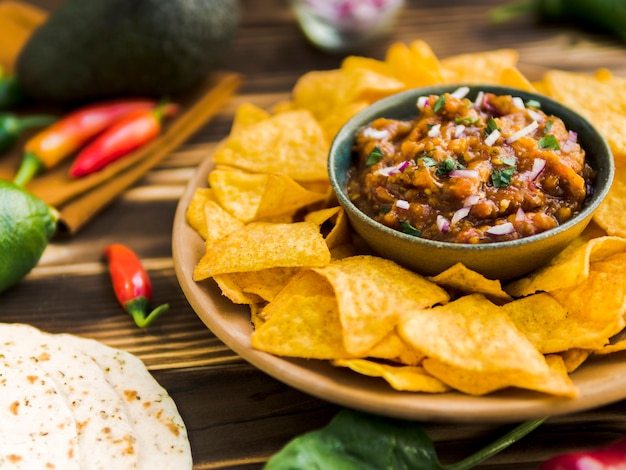 Plate of nachos with salsa dip