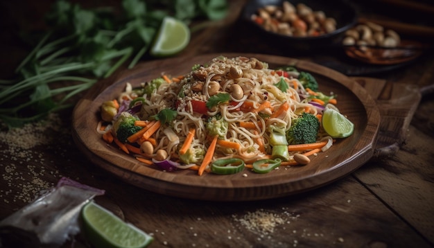 Free photo a plate of noodles with a peanut sauce and broccoli on it