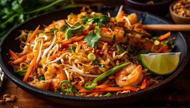 A plate of pad thai with shrimps and vegetables