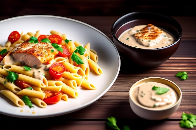 A plate of pasta with a creamy sauce and a bowl of tomato sauce.