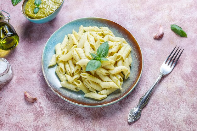 Plate of pasta with homemade pesto sauce.