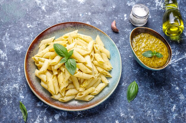 Plate of pasta with homemade pesto sauce.