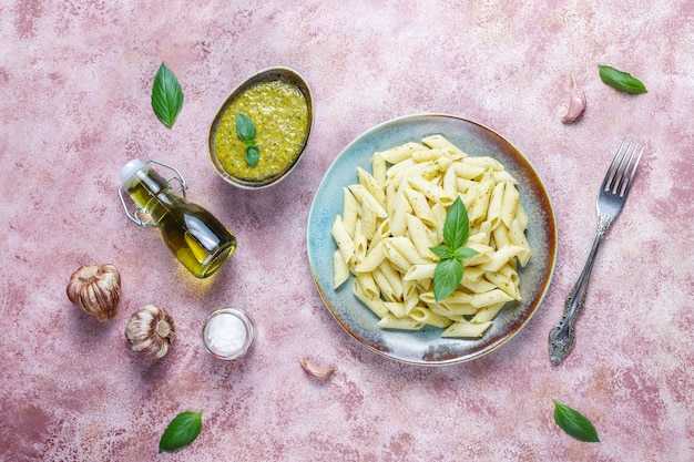 Plate of pasta with homemade pesto sauce.