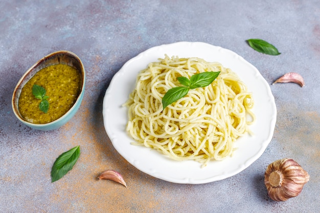 Plate of pasta with homemade pesto sauce