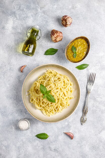 Plate of pasta with homemade pesto sauce.