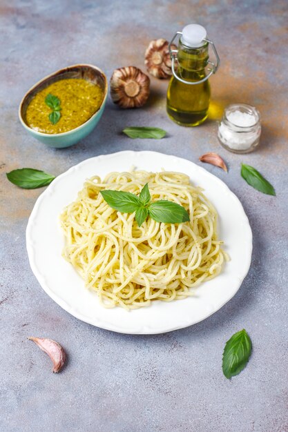 Plate of pasta with homemade pesto sauce.