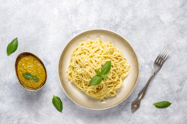 Plate of pasta with homemade pesto sauce.