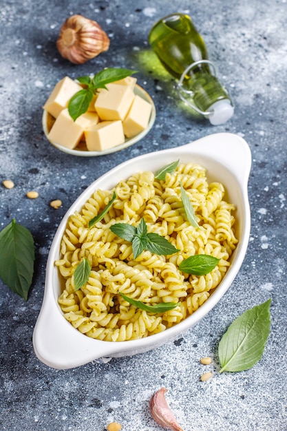 Plate of pasta with homemade pesto sauce.