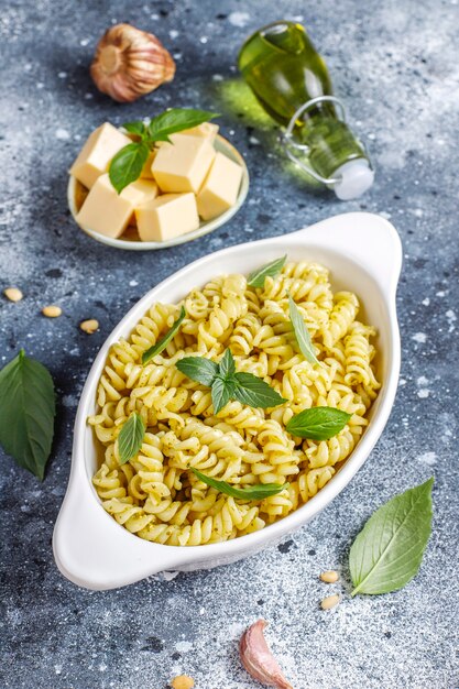 Plate of pasta with homemade pesto sauce.