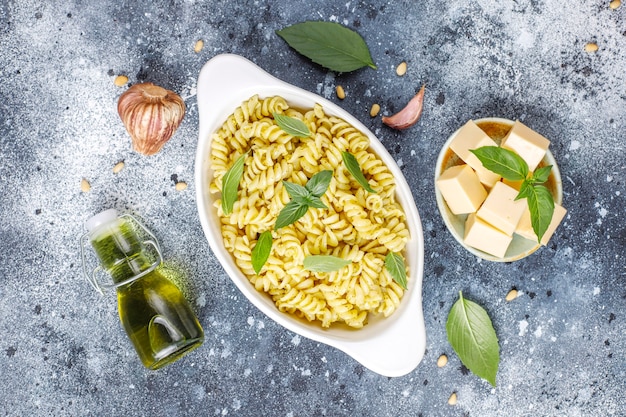 Plate of pasta with homemade pesto sauce.