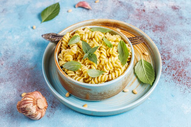 Plate of pasta with homemade pesto sauce.