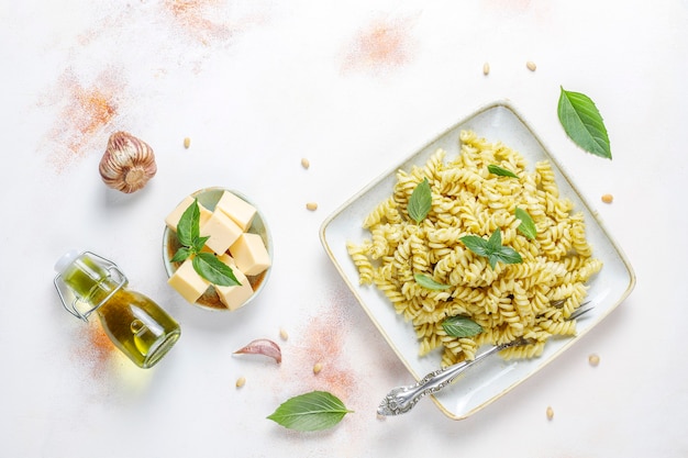 Plate of pasta with homemade pesto sauce.