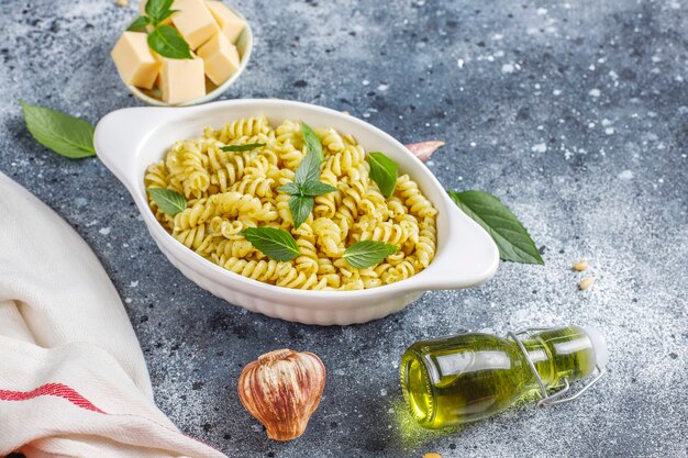 Plate of pasta with homemade pesto sauce.