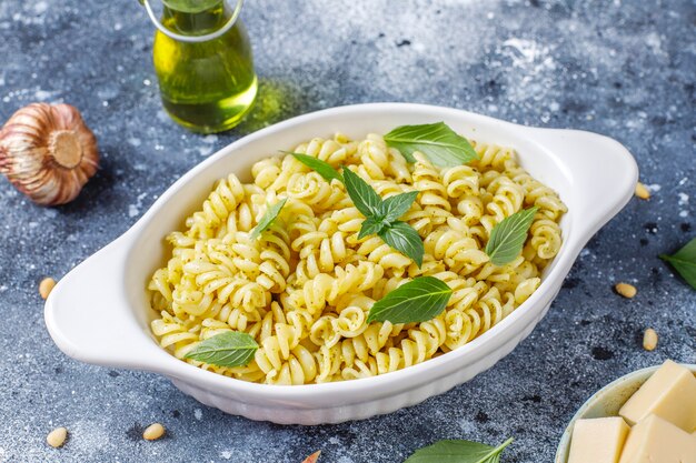 Plate of pasta with homemade pesto sauce.