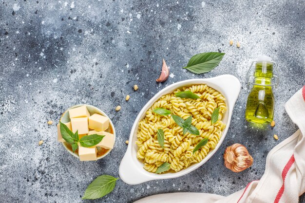 Plate of pasta with homemade pesto sauce.