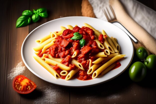 A plate of pasta with tomato sauce and fresh basil on a table.