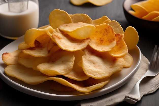 A plate of potato chips with a glass of milk on the side