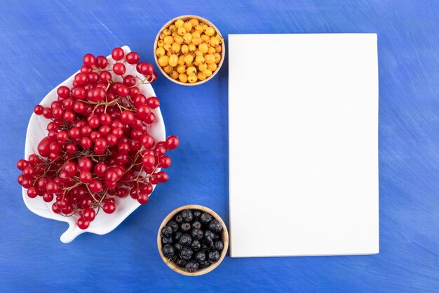 Plate of redcurrant and bowls of acai berry and buckthorn next to white board on blue background. High quality photo