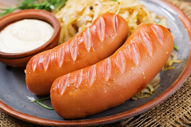 Free Photo plate of sausages and sauerkraut on wooden table. traditional oktoberfest menu