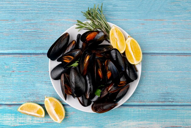 Plate of seafood mussels top view