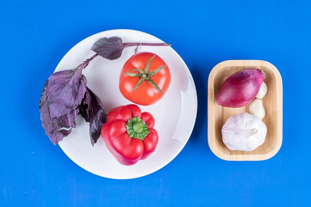 Plate of tomato and pepper with bowl of onion and garlic on blue surface