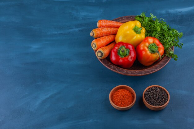 Plate of various fresh ripe vegetables on blue. 