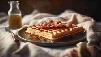 Free photo a plate of waffles with bacon and a glass of beer