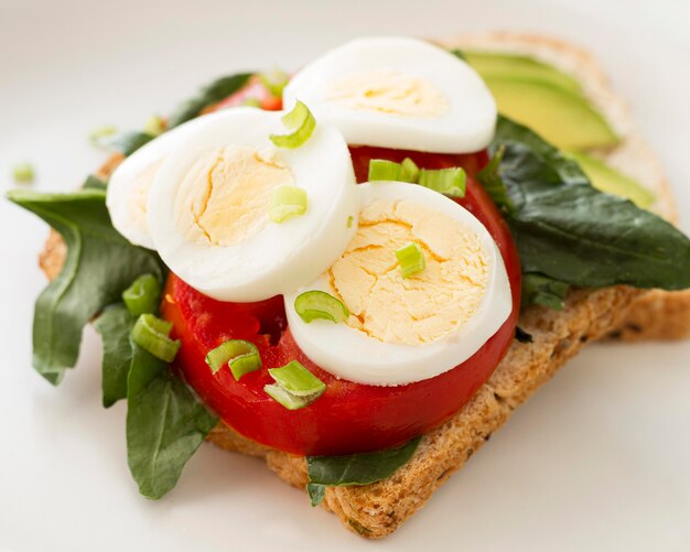 Plate with boiled egg and tomatoes sandwich