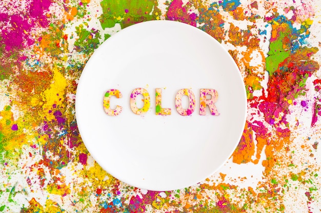 Plate with color inscription on bright dry colours