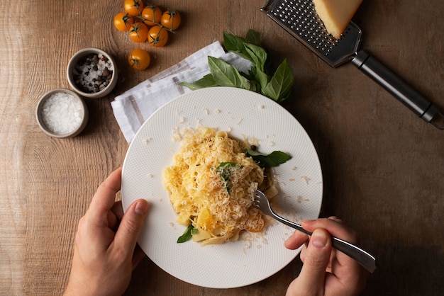 Plate with delicious italian pasta dish