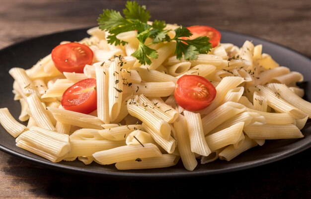 イタリアのパスタのクローズアップとプレート