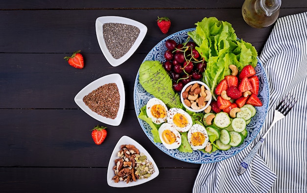 Plate with a paleo diet food. Boiled eggs, avocado, cucumber, nuts, cherry and strawberries. Paleo breakfast. Top view