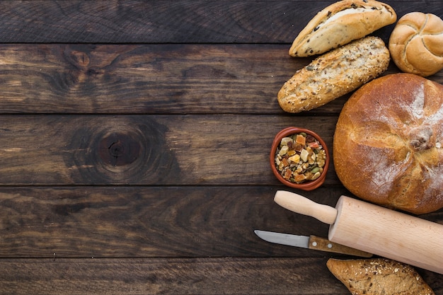 Plate with snack and bakery on desktop