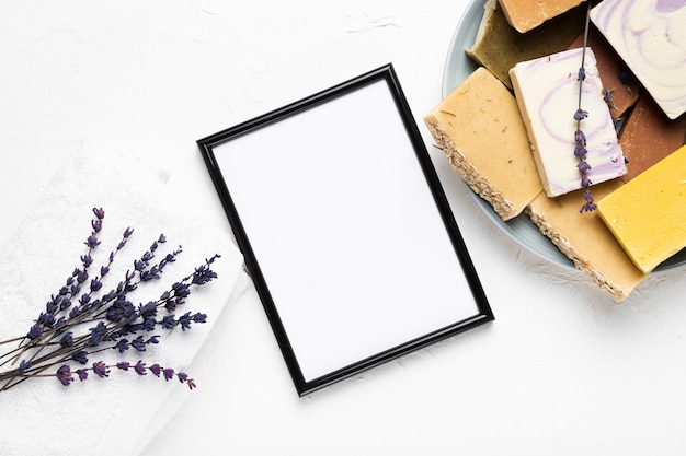 Free photo plate with soap, lavender and frame