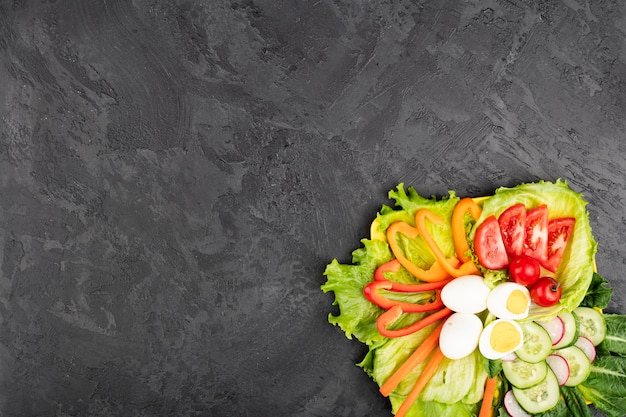 Plateau of healthy food on grunge background