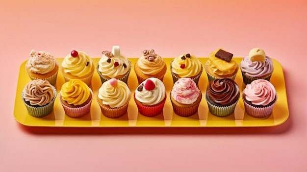 Foto gratuita altopiano con dolci cupcake con glassa in cima