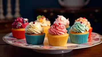 Foto gratuita altopiano con dolci cupcake con glassa in cima