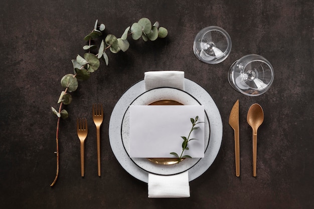 Plates, cutlery and glasses  flat lay